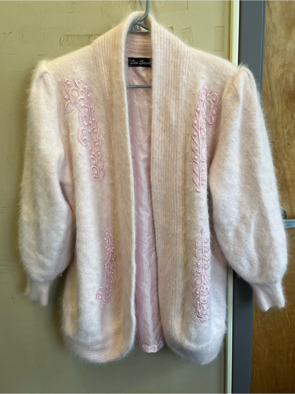 Lee Sands vintage Rabbit Angora Soft Pink Embroidered Fuzzy Open Cardigan XXL